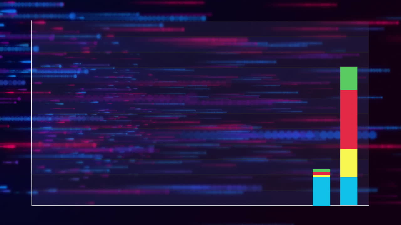 animación de gráficos de barras coloridas sobre líneas de datos digitales de movimiento rápido en azul y rojo
