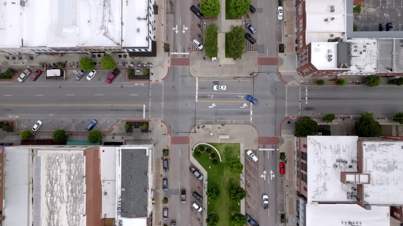 Downtown Macon, Georgia intersection with drone video overhead stable