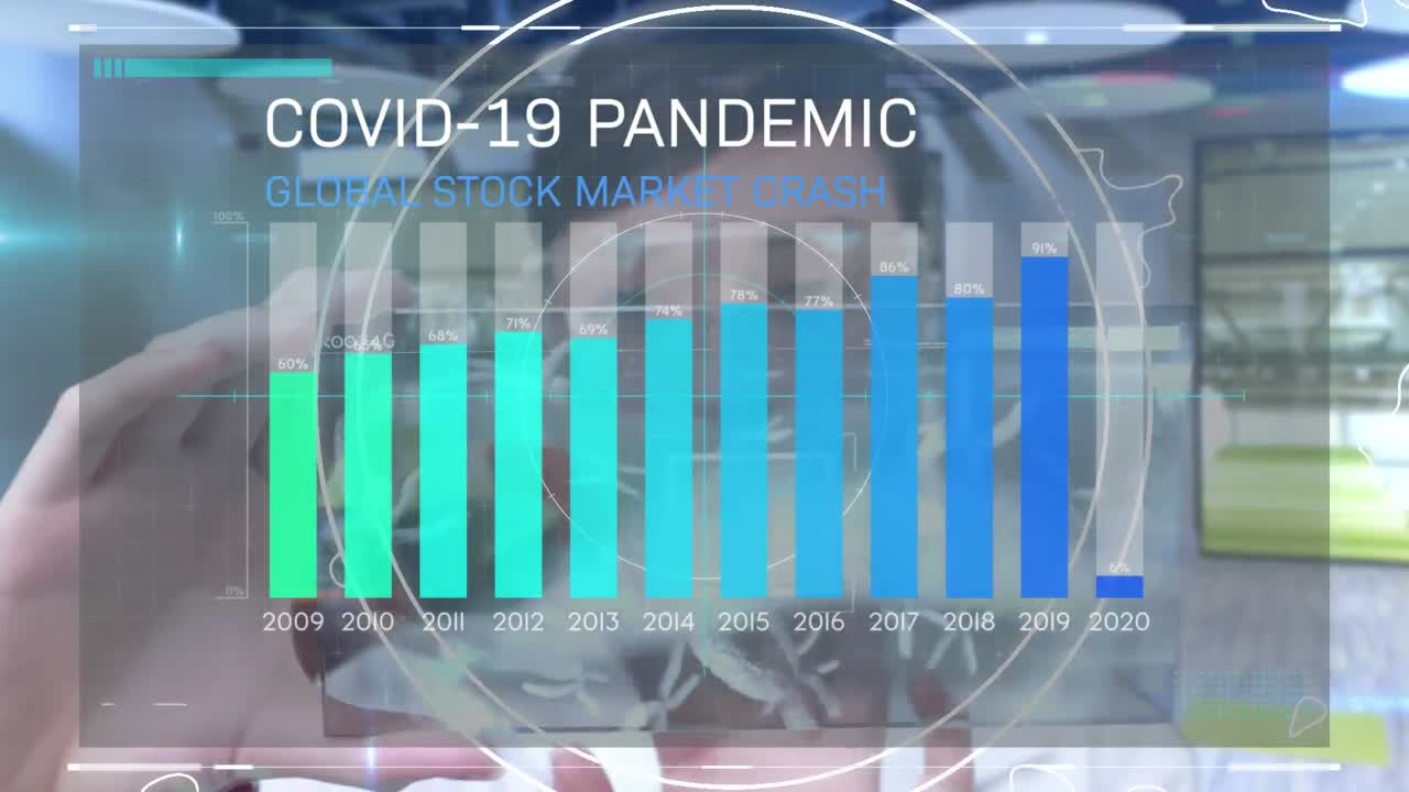 보호 얼굴 마스크와 인터랙티브 스크린을 착용한 과학자의 애니메이션