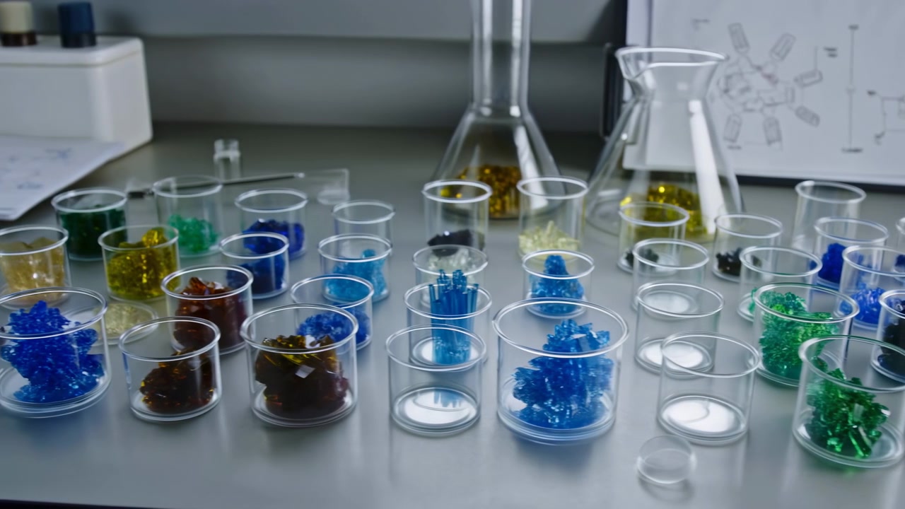 Organized laboratory bench viewed from low frontal angle showing multiple clear plastic cups in foreground filled with colored crystalline and resin samples