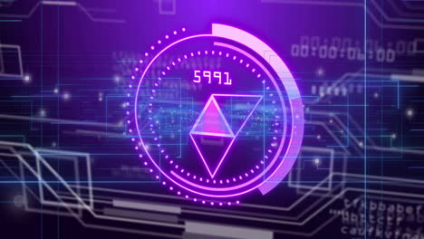 símbolo de ethereum y animación de procesamiento de datos digitales sobre un fondo púrpura futurista