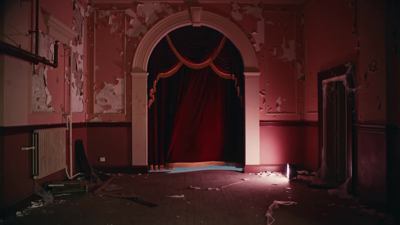 Il bordo inferiore si solleva, un drappo rosso rivela un arco in un piccolo teatro con muri scrostati, un radiatore e una porta bianca.