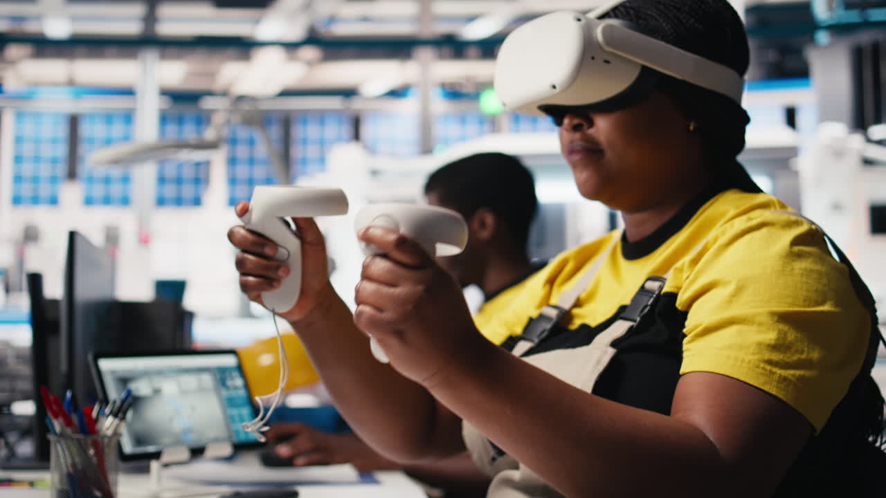 Vertical Video PV factory employee monitors system performance on virtual reality gear