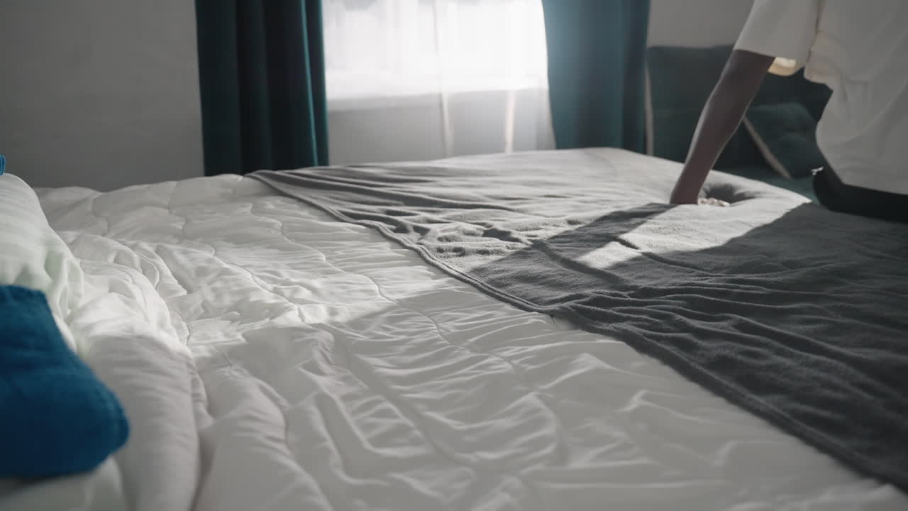 Person in white shirt sitting on bed, pulling up blanket, preparing bed for rest, soft natural light streaming from window, peaceful, cozy bedroom with minimalist decor, fresh linens