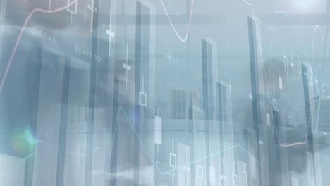 animation of financial data processing over diverse business people walking in modern office