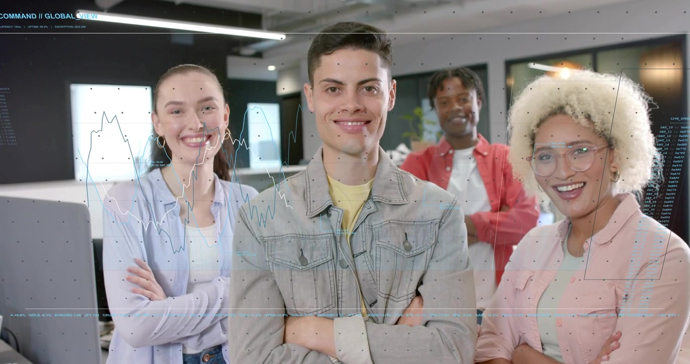 Equipo de cuatro personas posando en la oficina, el líder avanzando mientras la cámara se acerca, gráficos de datos en ascenso, mostrando tecnología.