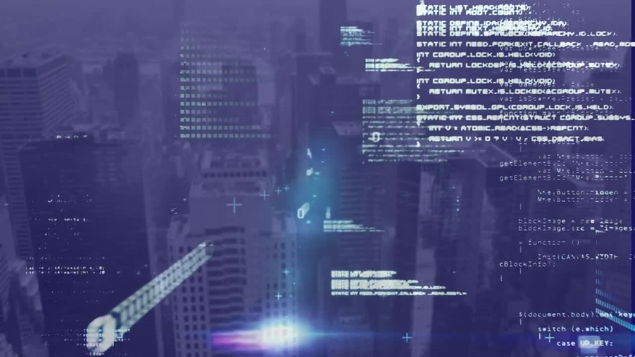 Animation of data processing and light trails over cityscape