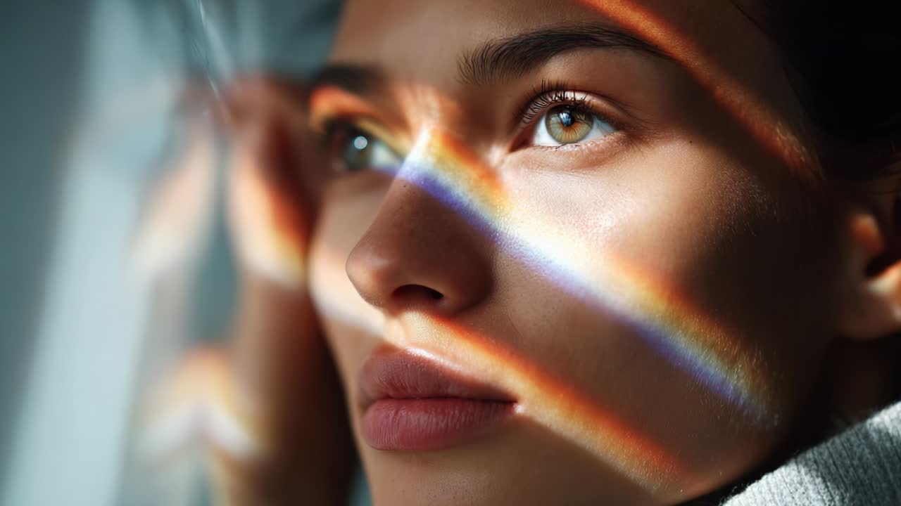 A captivating close-up exploration of a serene face illuminated by delicate rainbow light reflections, showcasing a blend of natural beauty and warm colors that evoke tranquility and depth