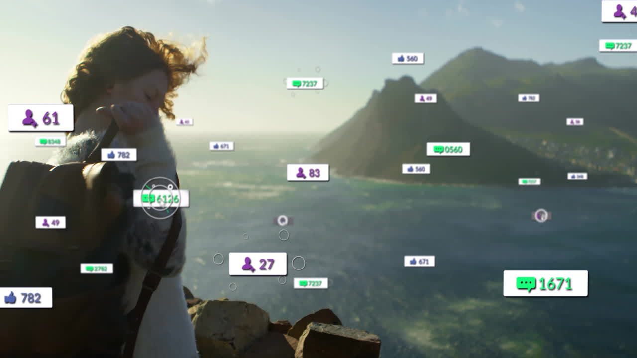 Woman adjusting backpack on cliff, with floating social media icons showing live marketing metrics