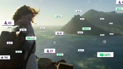 woman adjusting backpack on cliff, with floating social media icons showing live marketing metrics