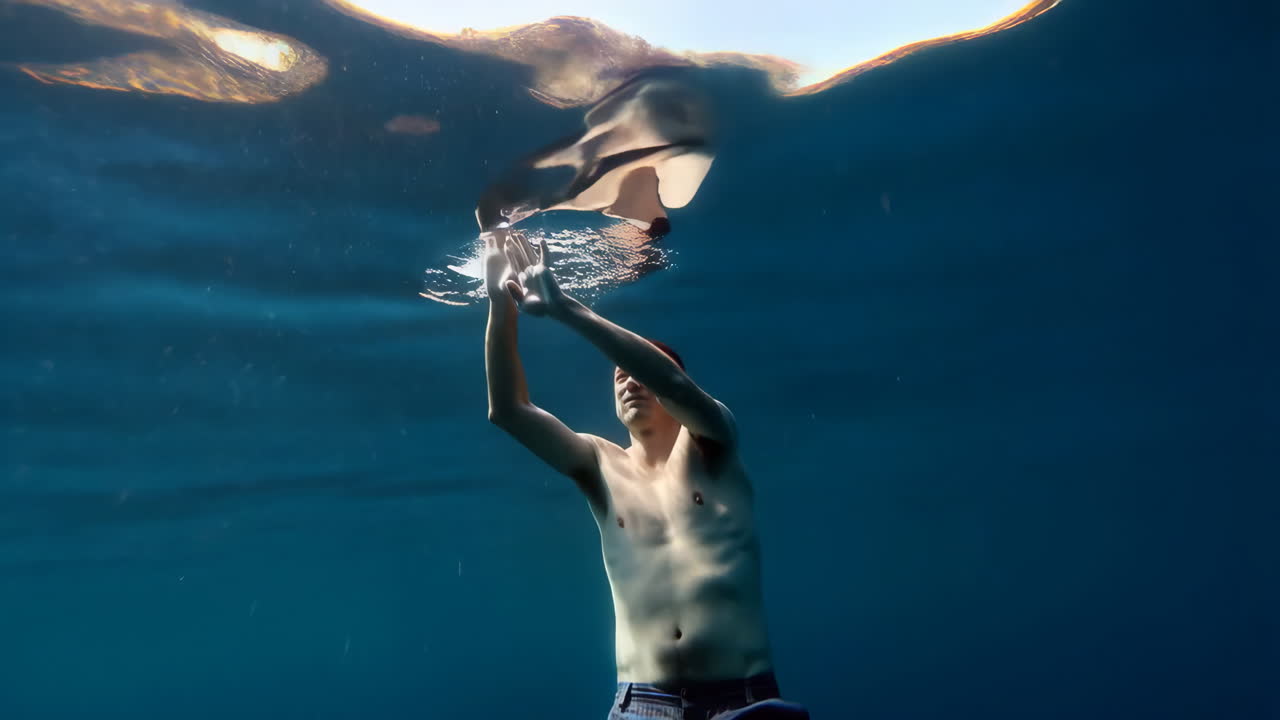 Man Reaching Towards the Light and Surface Underwater