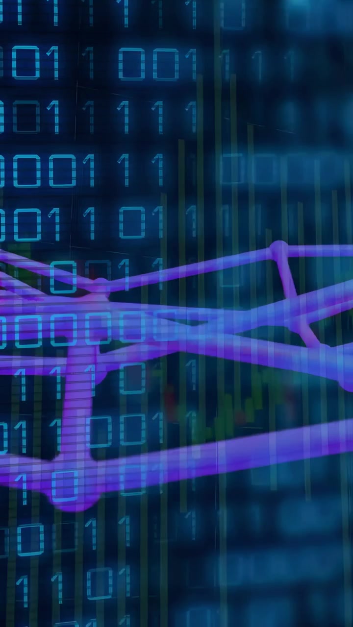 Vertical video: Purple lattice sliding right over blue binary grid, tech update visualizing data