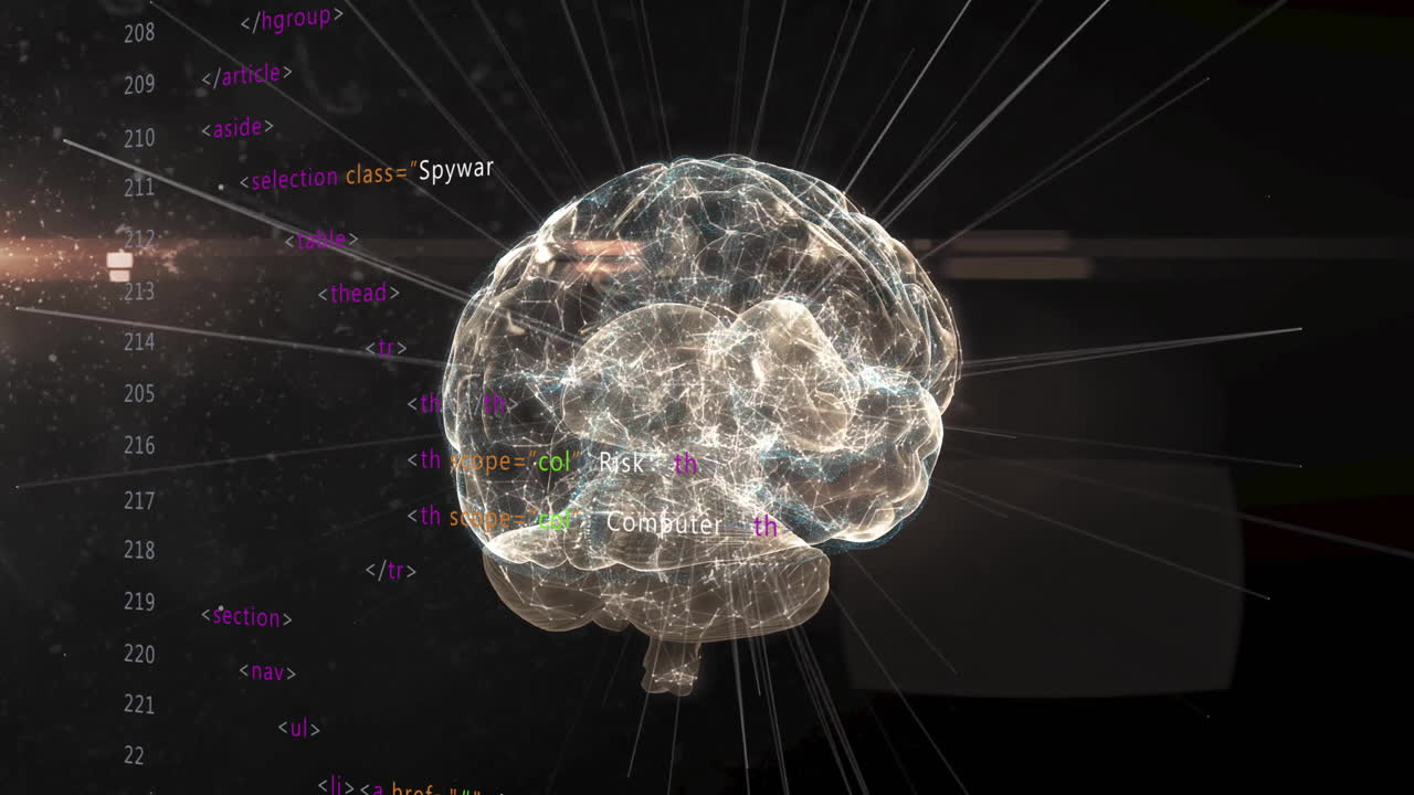 Illustrating technology and neuroscience, digital brain model with HTML code overlay