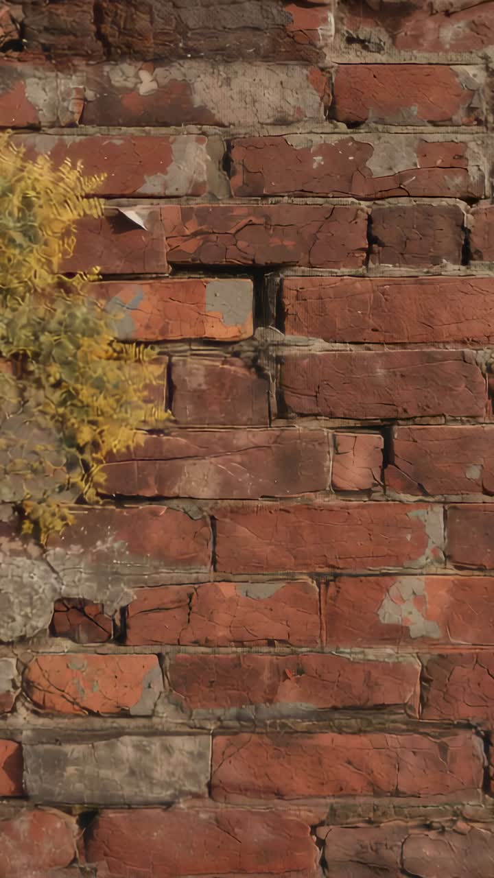 Vertical video: Red brick wall showing cracks, plaster, gap, scrap outside, breeze moving shrub