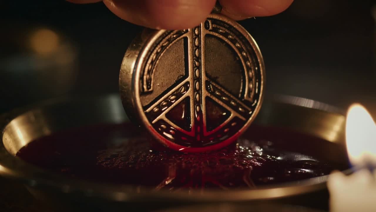 Ruka spouští symbol míru do mosazné misky na stole, potahování červenou tekutinou při svitu svíček.