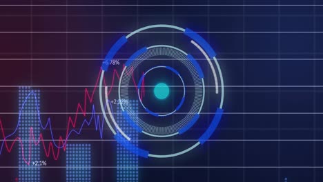 procesamiento de datos financieros a través de la red de red contra el escáner redondo de neón en fondo azul