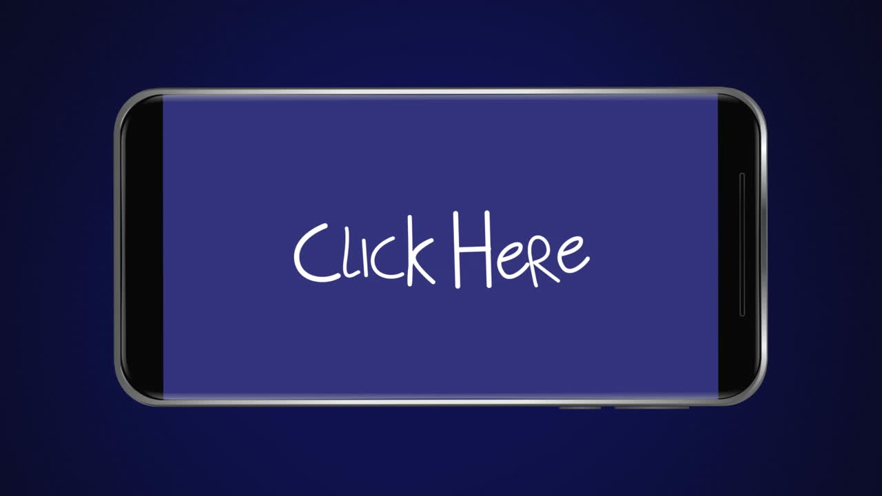 animación de palabras blancas haga clic aquí y flechas parpadeando en la pantalla negra del teléfono inteligente en ba azul