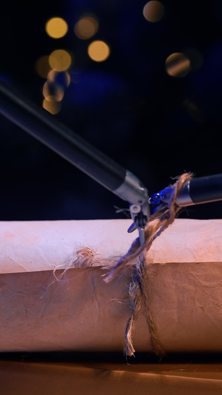 Small forceps of robotic arms tie a rope on the scroll. High precise equipment performs delicate work making a knot. Close up. Dark backdrop with blurred lights. Vertical video