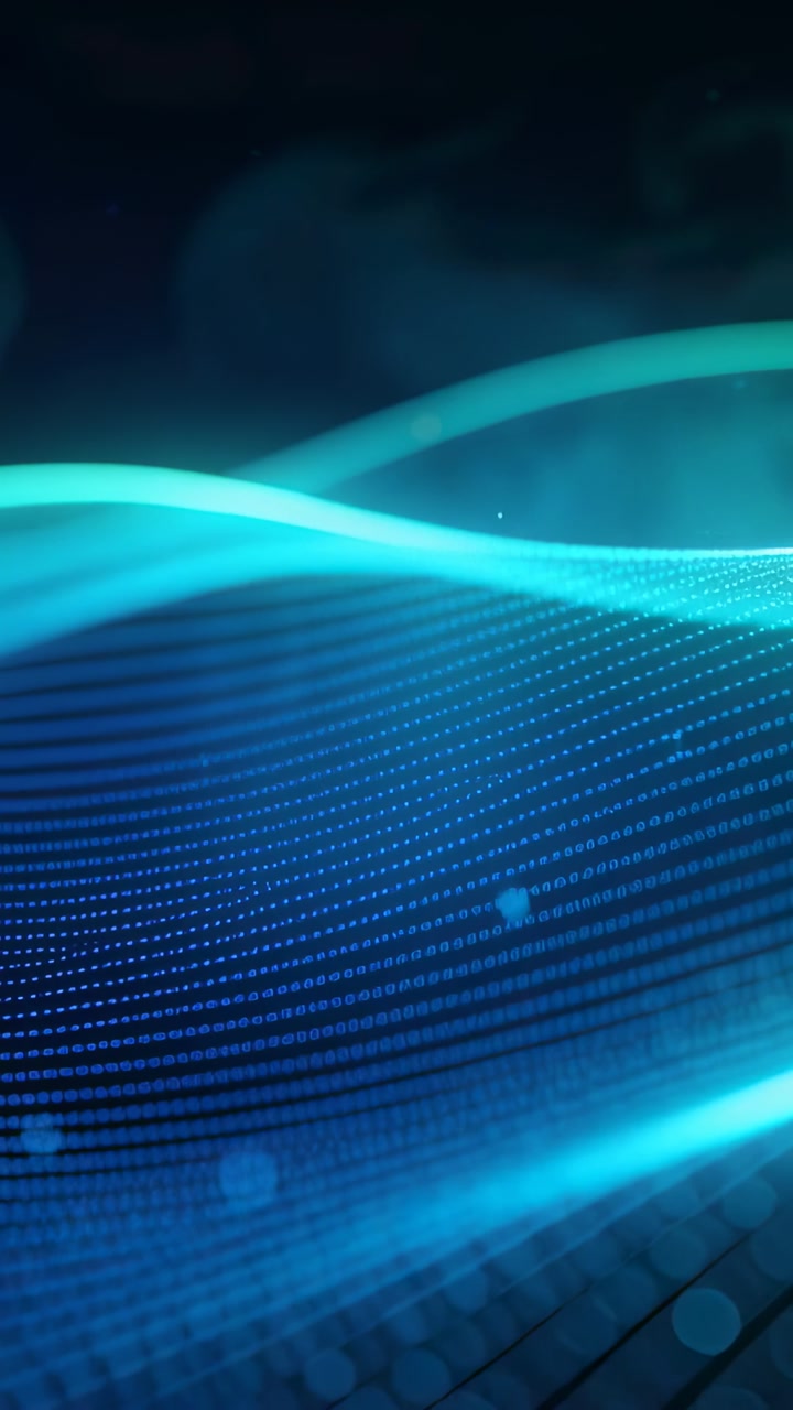Vertical video: Motion starting cyan ribbon rising and crossing navy field, raising dot grid