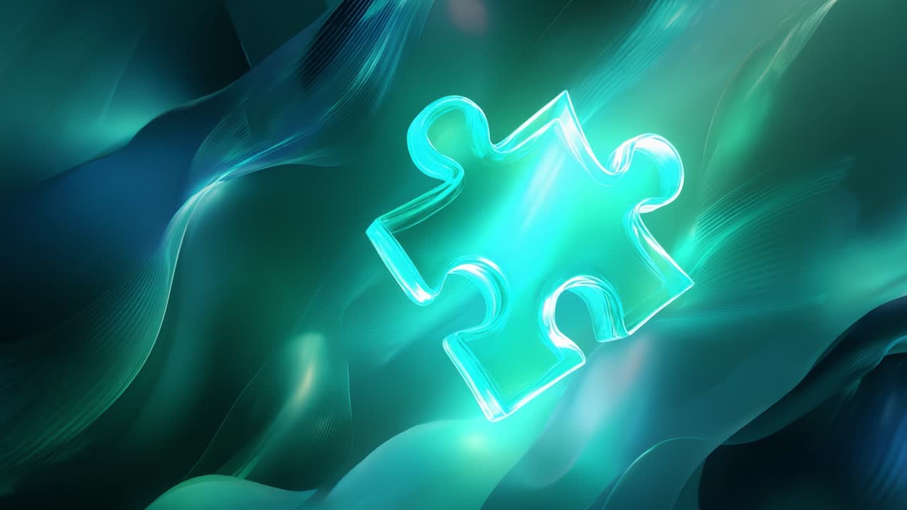 Single translucent puzzle piece glowing with a vibrant turquoise light while floating and rotating in a mysterious, dark, and wavy environment, symbolizing a missing link or key solution