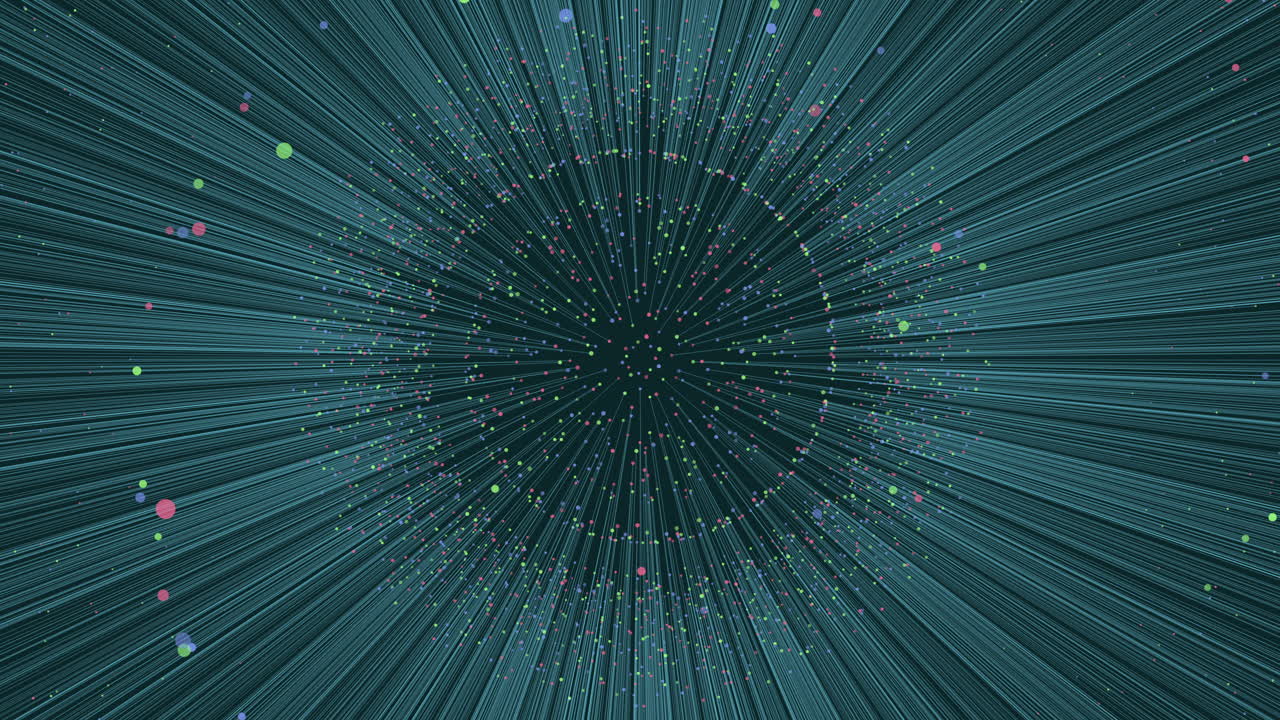 Dynamic digital artwork in blue and green hues, comprised of colorful circular dots swirling in motion towards the center, creating a visually captivating and energetic composition