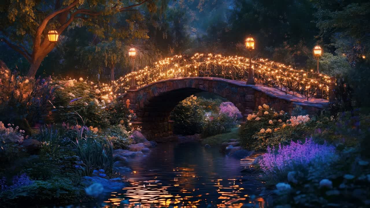 A magical, illuminated stone bridge over a serene stream, captured at eye level