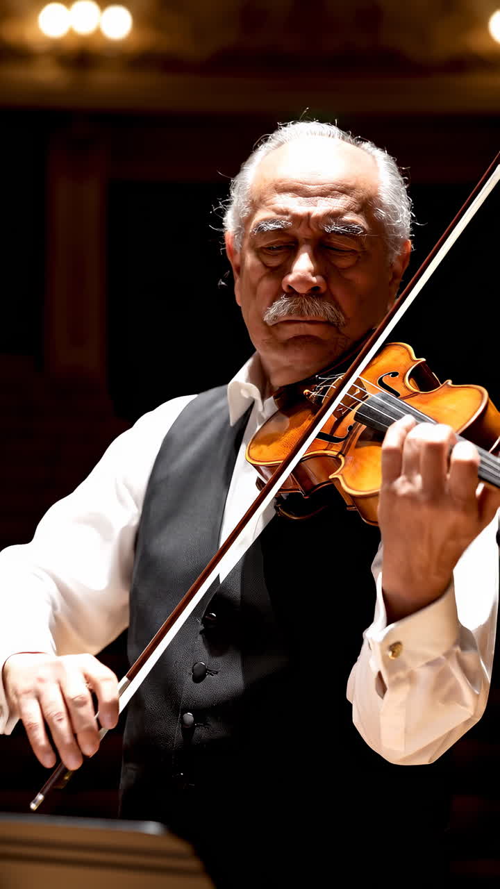 Elderly White Violinist On Empty Stage Lit By Warm Spotlight, Performing Solo Classical Repertoire In Ornate