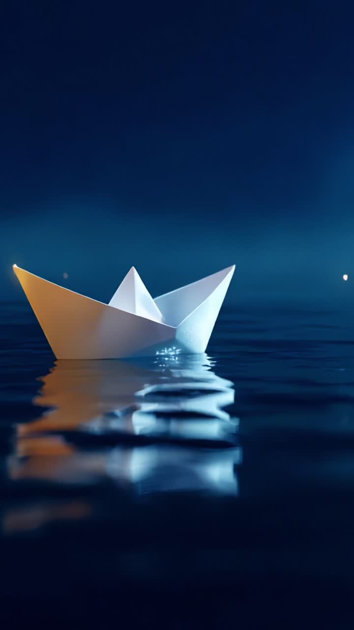 A Serene Paper Boat Gently Floating on Calm Waters Under a Night Sky Illuminated by Distant Lights, Capturing a Sense of Tranquility and Reflection in a Dreamlike Atmosphere