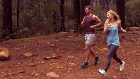 pareja corriendo a través de un bosque