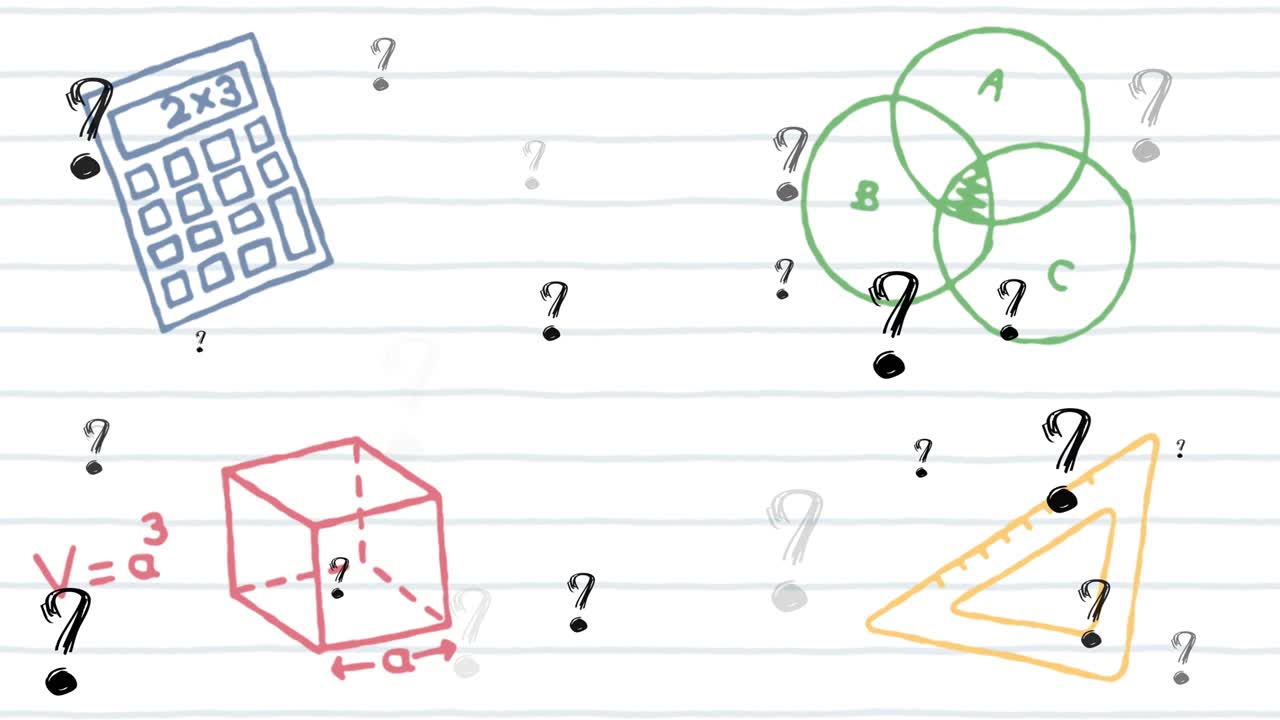 색 배경에 질문표와 학교 아이콘의 애니메이션