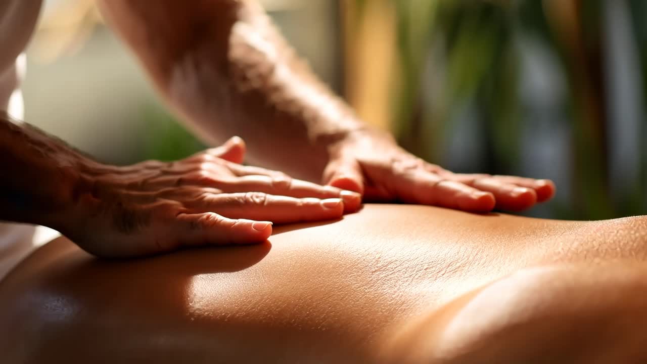 Nærbillede, skrå vinkel af hænder, der masserer en ryg, hvilket skaber en afslappende, terapeutisk stemning.