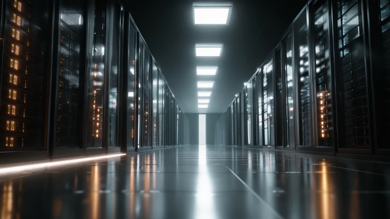 Udforskning af det lukkede datacenter: Et indblik i hjertet af moderne digital infrastruktur med serverracks og højteknologisk belysning.