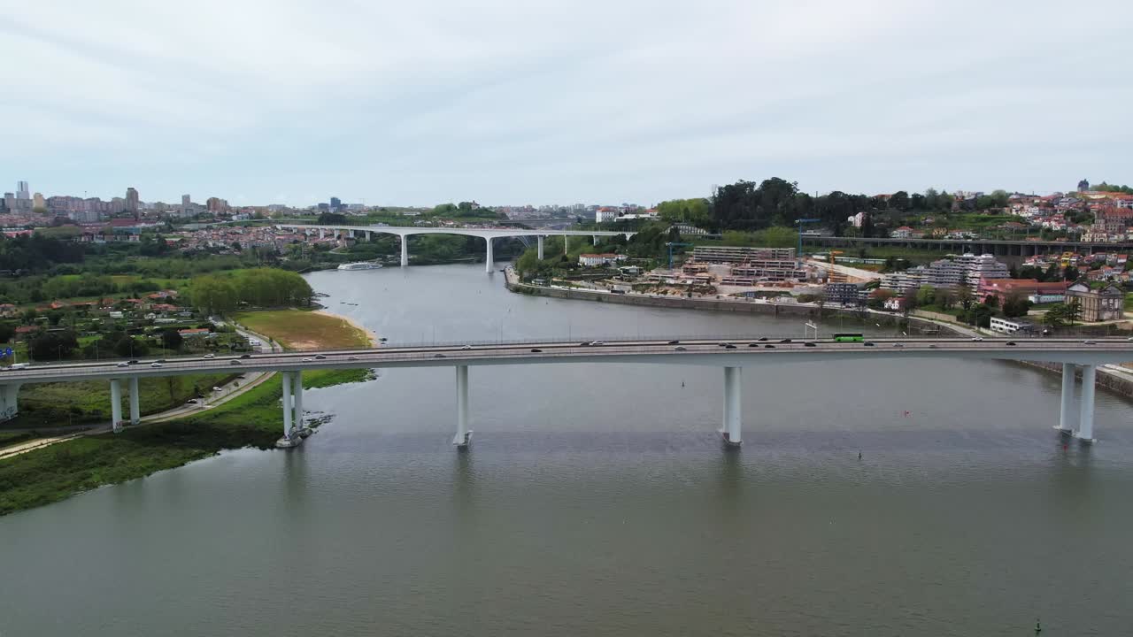 aerial of twin bridges spanning douro river in oporto portugal