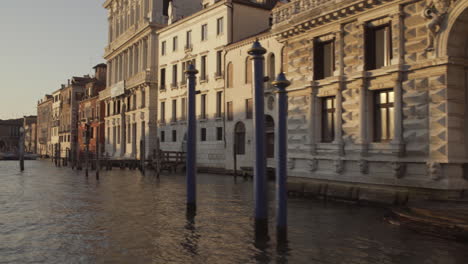 cruising through canal grande along art gallery with blue palines in venice, italy