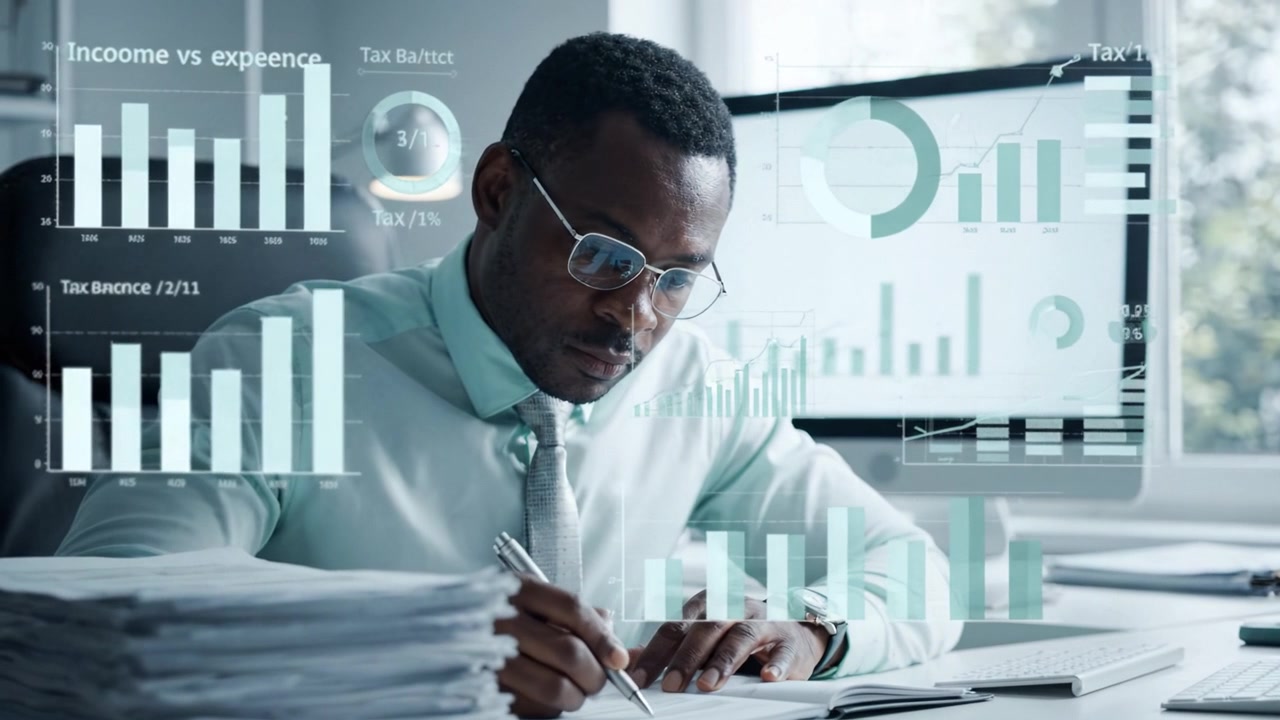 Focused Professional Analyzing Financial Data with Digital Graphs and Documents in a Modern Office Environment, Reflecting on Important Business Insights