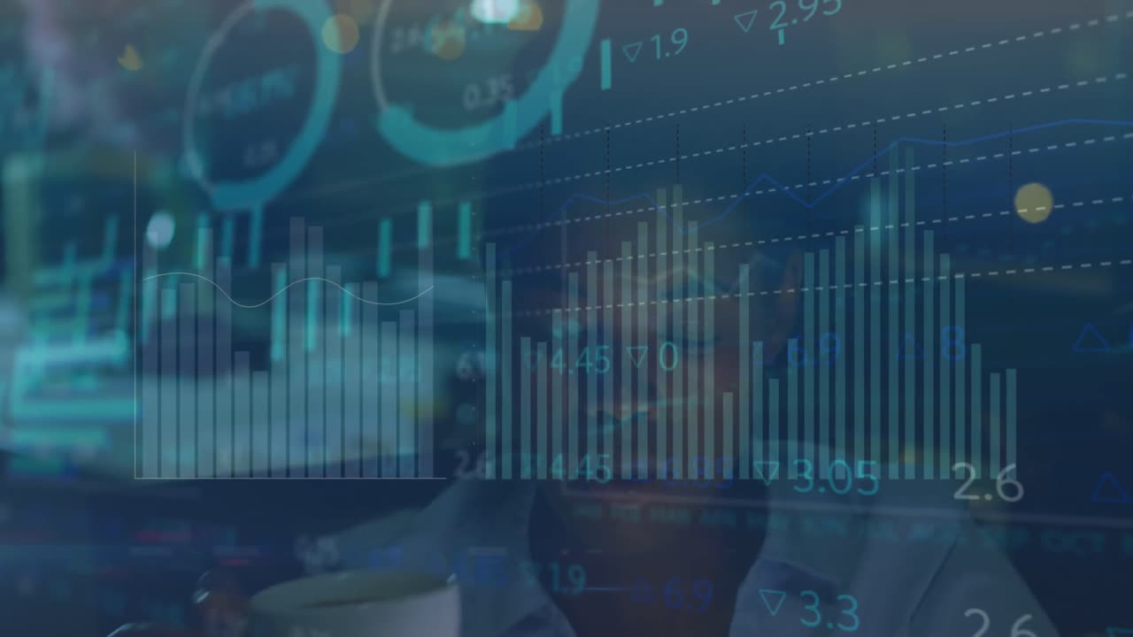 Animation of financial data processing over african american businesswoman in office