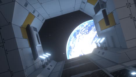 spaceship corridor. interior of a futuristic spaceship. view of the earth