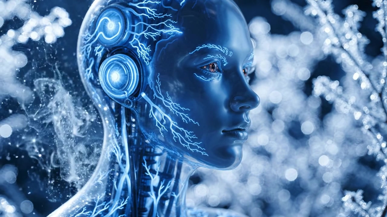 Figura robotica futuristica che mostra un'intricata illuminazione blu e motivi elettrici in uno sfondo invernale sereno, evocando temi di tecnologia e bellezza.