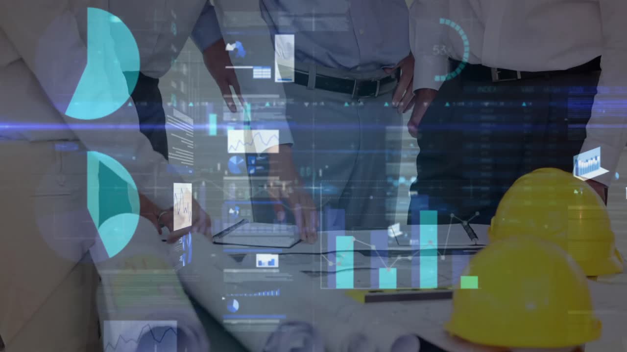 animación de estadísticas y procesamiento de datos financieros sobre arquitectos con planes en reunión
