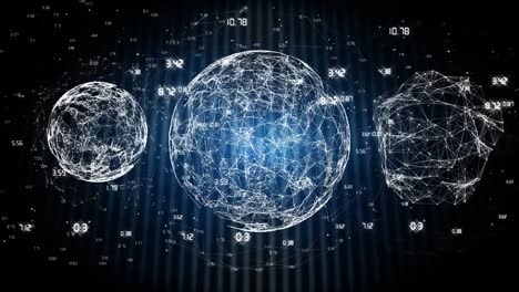 animation of connected dots forming globes with numbers over lines against black background