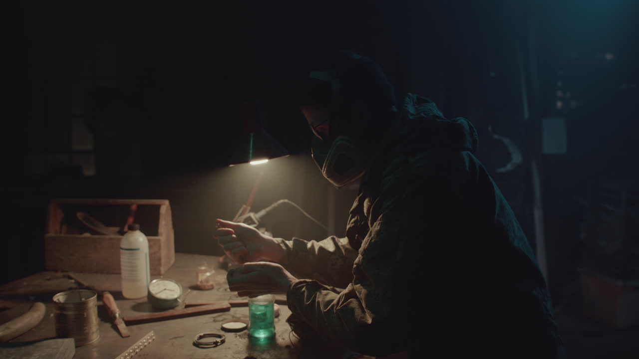 A bombmaker assembles a bomb in his workshop at night