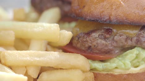 close-up of a cheeseburger with fries