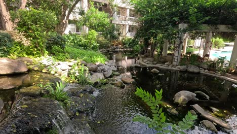 calm pond with waterfall in a serene garden setting