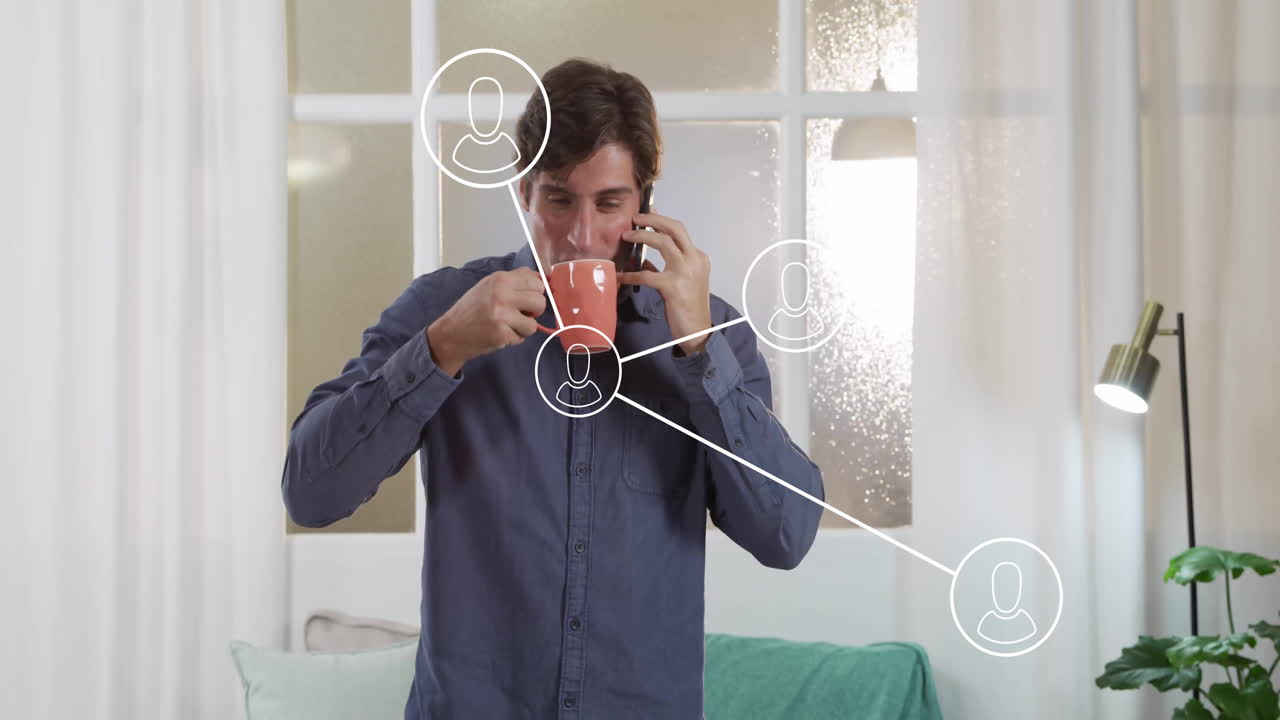 Connected network icons overlay, man drinking coffee while talking on phone