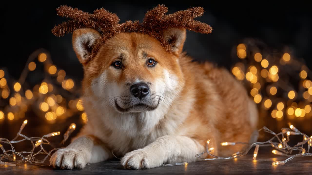 Festive Canine Companion: An Adorable Dog with Antler Headband Surrounded by Bright Holiday Lights, Perfectly Captured in a Cozy Atmosphere