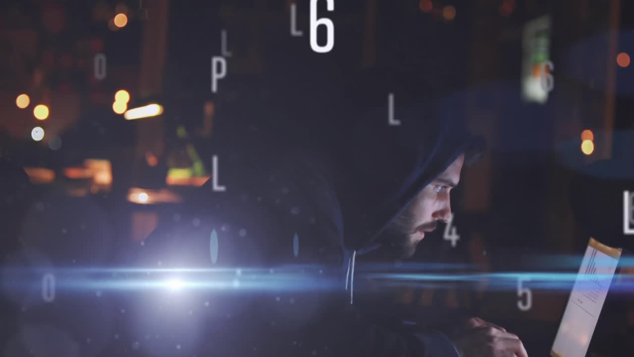 animación del procesamiento de datos sobre un hacker caucásico