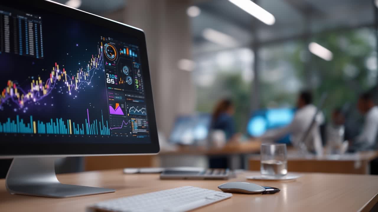 Innovative Workspace with Data Visualizations Showcasing Advanced Analytics on Modern Computer Screen in a Dynamic Office Environment