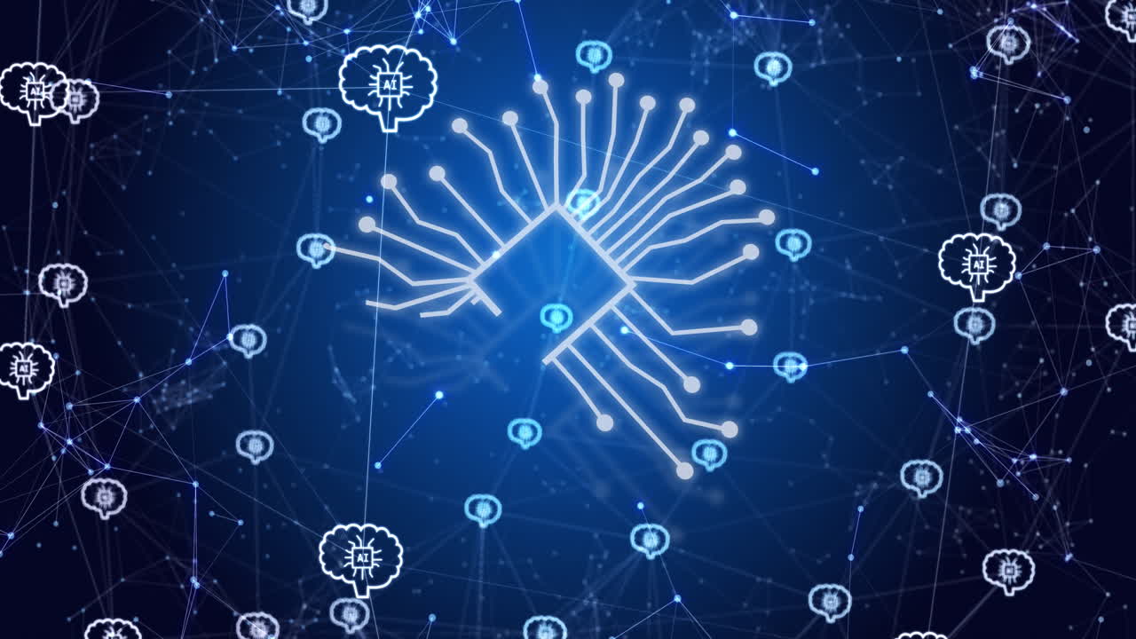Animation of ai data processing over connections with icons
