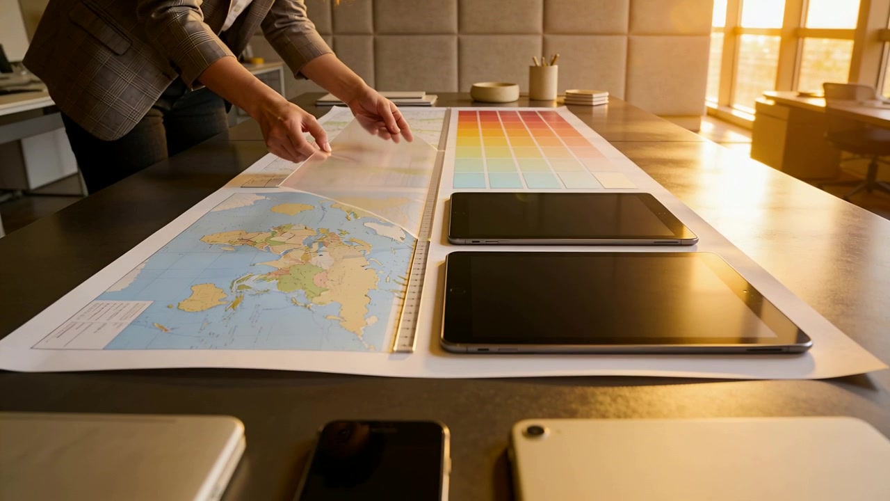Lifting overlay, leaning designer in gray blazer aligning world map at studio, using ruler, tablet