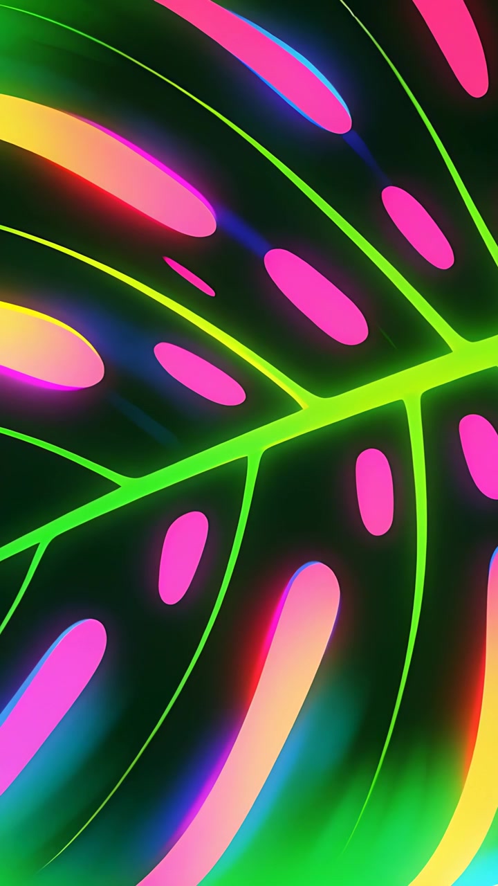 Video verticale: Una foglia al neon in loop che pulsa lungo una nervatura centrale verde su sfondo nero, mostrando fori rosa e aloni.